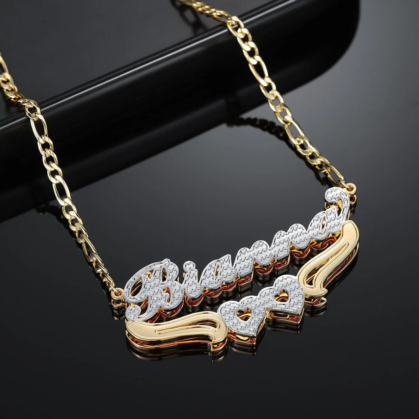 Double Plated Hearts Name Necklace w/ Figaro Chain Dorado Fashion
