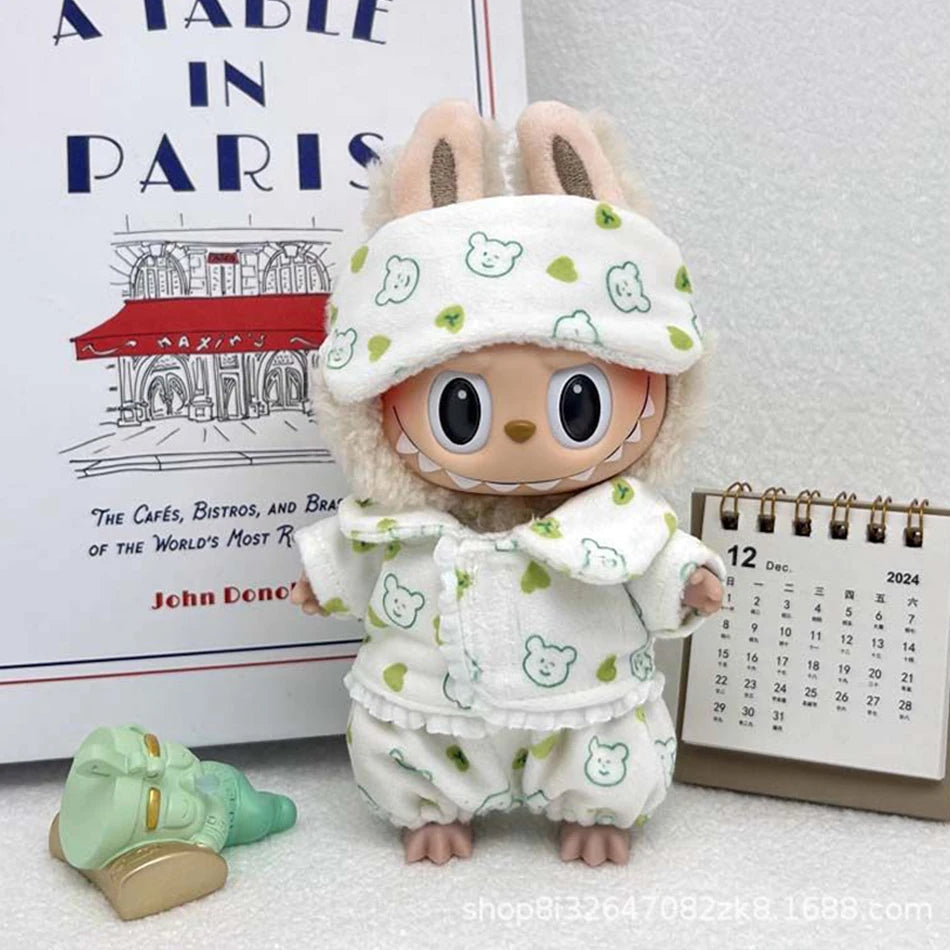 Labubu Mini Pajamas With Eye Mask Three-piece Kawaii 15-17cm V1 V2 Labubu Clothes Cute Idol Plush Doll Accessories Kids Gifts