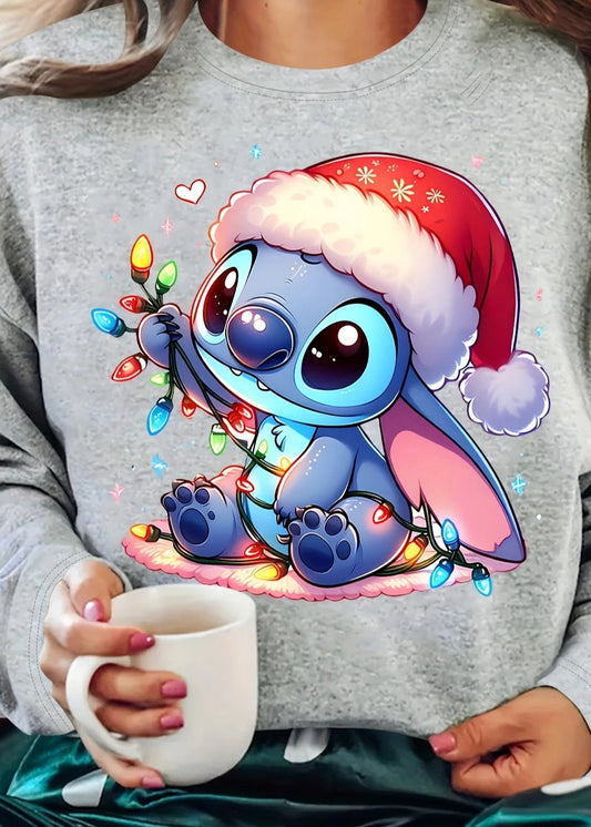 Women's Stitch Christmas Sweater Santa Hat & Lights Graphic Sweatshirts Festive Stitch Kawaii Cartoon Sweatshirt Woman Clothing