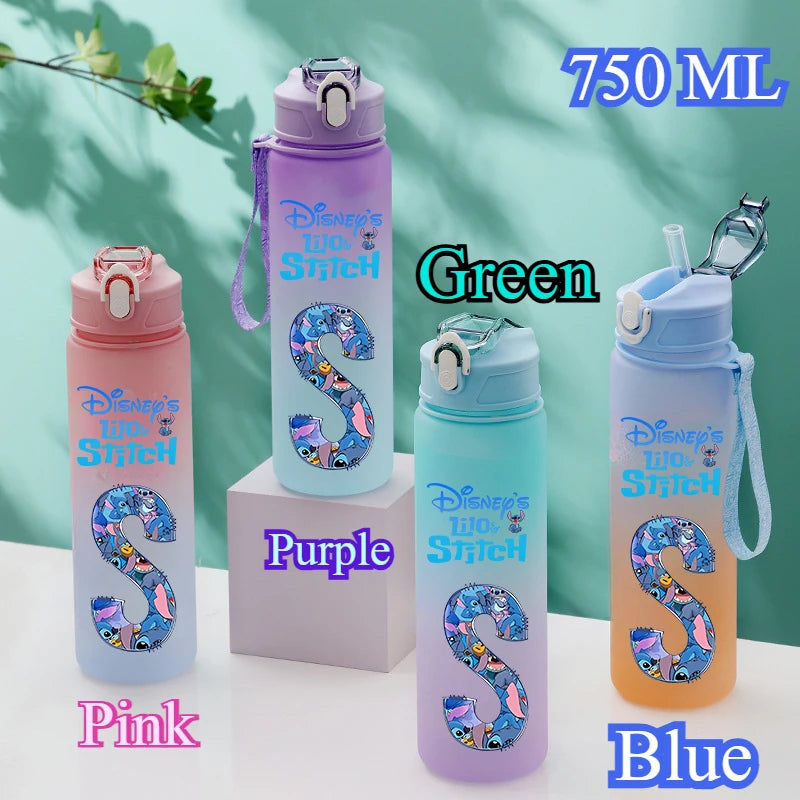750ML Disney Stitch Letter A-Z Printed Water Bottle Large Capacity Drinking Portable Anime Outdoor Sport Water Cup Bottle Gift