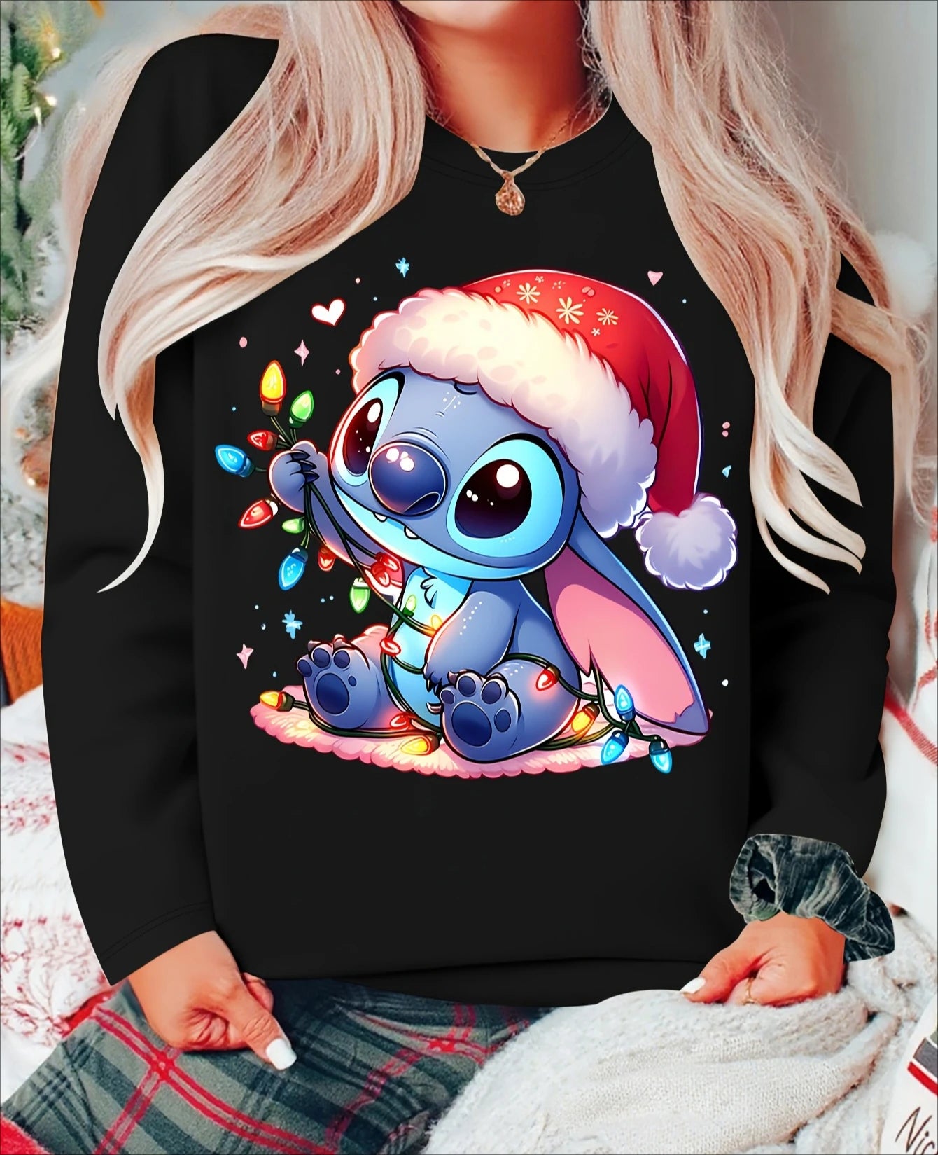 Women's Stitch Christmas Sweater Santa Hat & Lights Graphic Sweatshirts Festive Stitch Kawaii Cartoon Sweatshirt Woman Clothing